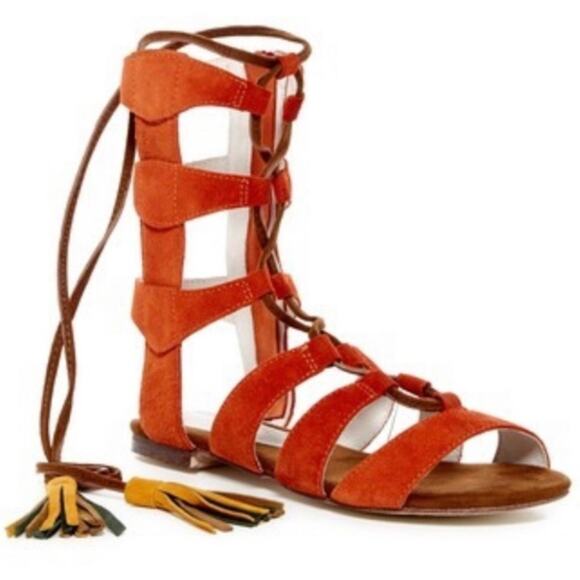 Jeffrey Campbell Redondo Caged Suede Gladiator Tassel Tie Sandal Orange Size 7.5 - Picture 1 of 13